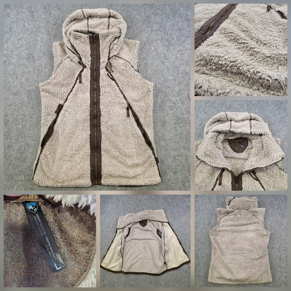 Kuhl Flight Vest Womens Large Beige Sherpa Fleece Hooded Full Zip Pockets